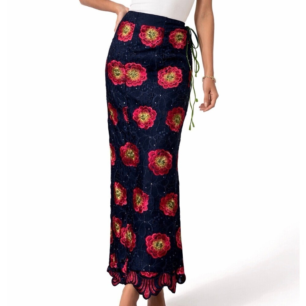 wrap skirt black red floral lace overlay textured bling rhinestone ruffle bottom - Picture 7 of 7